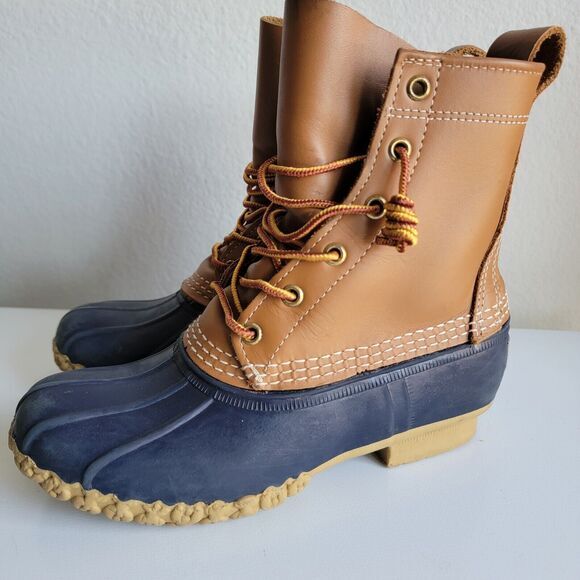 L. L. Bean Women's 8" Bean Boots Tan Navy Blue Duck Rubber Size 6M Shoes LL Bean - Picture 1 of 12